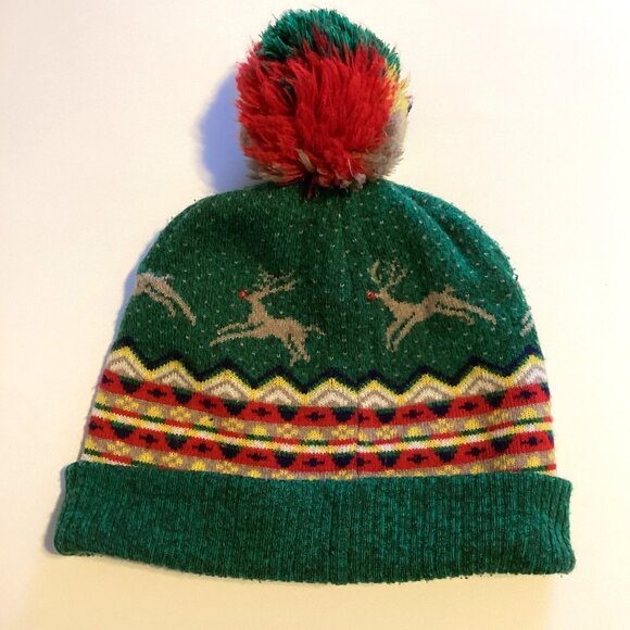 American Eagle Reindeer Holiday Christmas Green Winter Ski Knit Hat Pom Pom - Picture 3 of 7